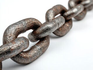 Fototapeta premium Close up of a rusty weathered metal chain link on a white background
