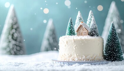 Christmas cake with house and trees. White frosted cake. Snowy scene with pine trees. Winter holiday dessert. Frosted house on cake. Snowflakes falling. Christmas dessert table. Sweet