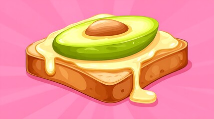 Animated illustration of avocado toast, a slice of bread topped with melted cheese and avocado