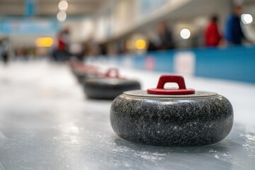 Curling stones stand on the ice rink.