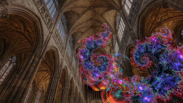 Emerging multicolored fractal swirl rising across nave in Gothic cathedral expanding upward