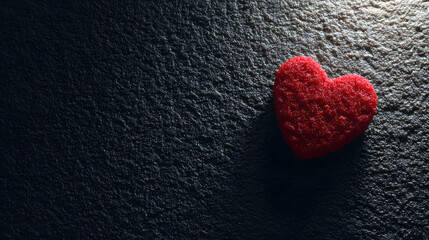 Fototapeta premium adore. A red heart-shaped object illuminated by warm light, evoking romance on a dark textured surface. wellbeing guides.
