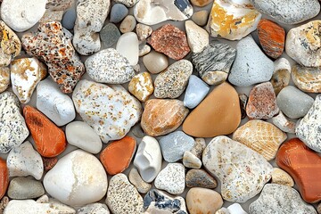 Colorful collection of smooth beach stones and pebbles in various shapes, sizes and natural textures creating decorative background pattern for zen design.