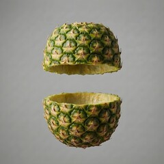 Floating split pineapple shell in mid-air, front view, green-yellow textured skin