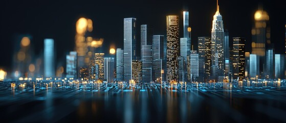 Naklejka premium The skyline features tall buildings with bright lights and digital graphics, blending urban life and technology at night