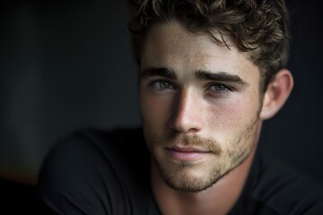 Obraz premium Close-up portrait of young man with curly hair and light stubble against dark background, conveying thoughtful expression and natural lighting.