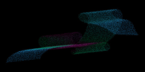 Abstract digital artwork composed of thousands of small particle-like strokes forming layered, flowing shapes in blue, green, and purple hues, stretching diagonally across a pure black background