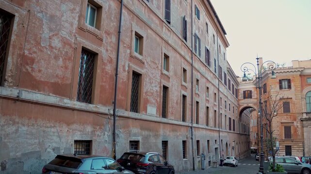 Apartment Buildings On European Street In Old City, Historic Rome Facades View