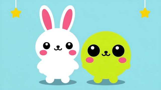 Cute Cartoon White Rabbit and Green Creature Character for Kids Content and Easter