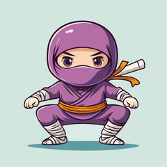 Fototapeta premium Cute cartoon ninja character in a squatting position, wearing a purple outfit and yellow belt.