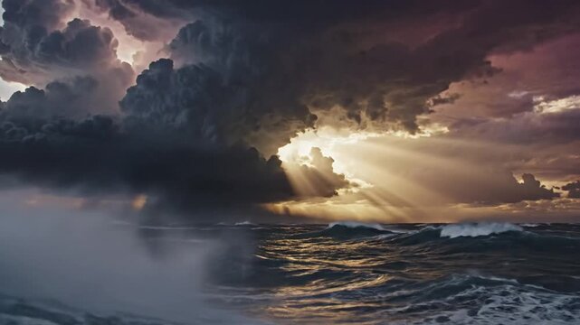 A dramatic ocean scene depicts a turbulent sea under a stormy sky with sun rays breaking through clouds