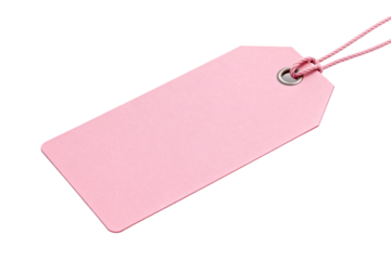 A pink rectangular tag with a string for labeling items