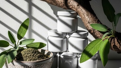 Natural herbal remedies in white jars with fresh sage leaves and dried herbs in a pot casting shadows