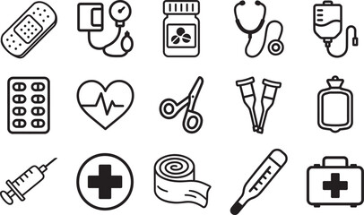 A comprehensive collection of medical and healthcare icons, symbolizing essential tools and symbols for well-being.