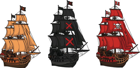 Pirate Ship Icon Set with Flags and Sails, Adventure and Maritime Theme, Flat Vector Illustration, Isolated Graphic Design Elements © MdNaimurRahaman