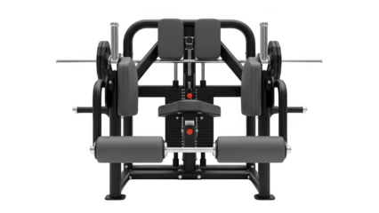 Black gym machine with weight stack and padded seats on black background gym equipment