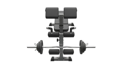Black weight bench with barbell and weight plates on black background exercise equipment