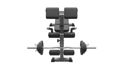 Black weight bench with barbell and weight plates on black background exercise equipment