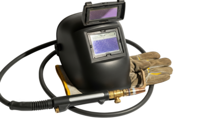 Black welding mask with leather gloves and torch on black background welding helmet