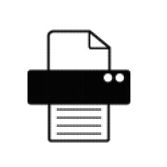 Halftone dotted printer icon with paper sheet, minimalist black and white symbol for print, office, document, technology and device interface design.