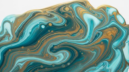 Abstract Fluid Swirls of Teal, Gold, and Blue Paint Creating a Dynamic Pattern