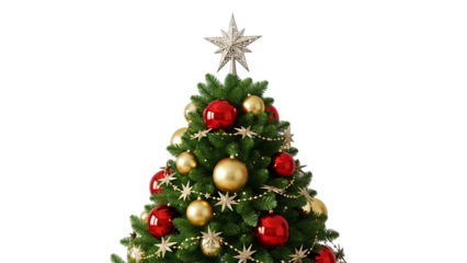 Close-up of a Christmas tree with silver star topper, red and gold ornaments, and star garland, isolated on transparent background.