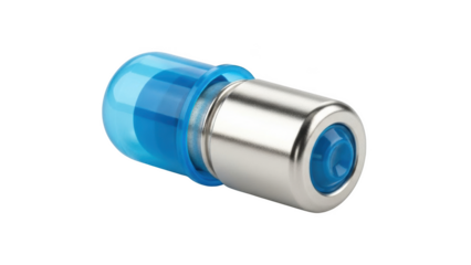 Blue L E D light bulb with silver metal base on black background image