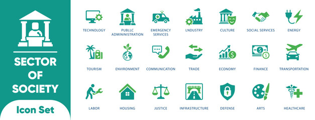 Public sector and society vectors. Features government, industry, justice, and economy symbols. Ideal for civic apps, policy reports, and infographics.