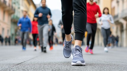 A group of people running on a city street, showcasing active lifestyles and fitness in a vibrant urban environment.