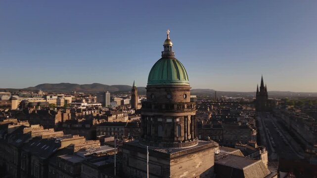 Aerial view of the building with a copper dome in Charlotte Square, contrasted against the cityscape and sky, Edinburgh, Scotland, United Kingdom.