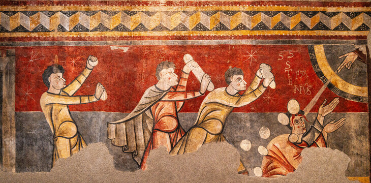 Stoning of Saint Stephen, Romanesque fresco, circa 1100, Church of Sant Joan de Bo&iacute;, Alta Ribagor&ccedil;a, National Museum of Catalonia, Barcelona, ​​Catalonia, Spain