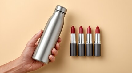 Obraz premium A hand holds a silver water bottle beside four red lipsticks on a beige background, showcasing a blend of beauty and practicality.