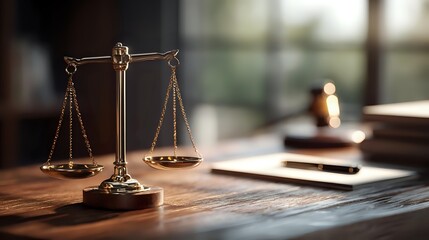 Golden scales of justice on wooden desk with gavel and legal documents in warm sunlight for law firm branding and legal services marketing.