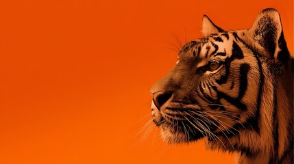 Majestic tiger profile portrait on vibrant orange background with dramatic lighting showcasing wild cat features and striped fur pattern for wildlife design.