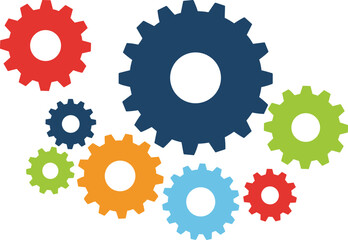 Colorful gear illustration, mechanical teamwork concept, engineering system design, interlocked cogs, vibrant machinery icons, flat vector art, flat vector illustration