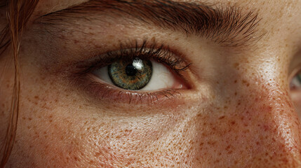Fototapeta premium A close-up view of an eye with freckles on the surrounding skin, with striking colors and details