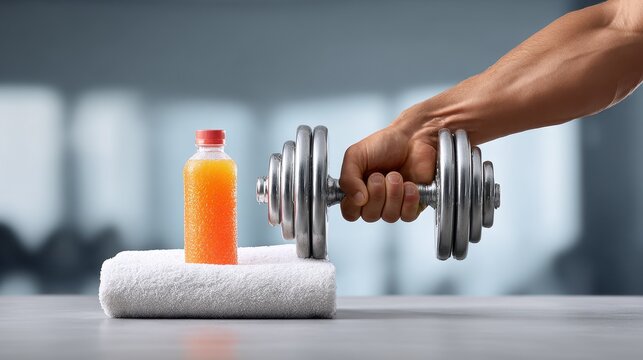 A hand holds a dumbbell beside a towel and a bottle of orange sports drink, symbolizing fitness and exercise.