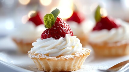Fresh strawberry tartlets with whipped cream and mint garnish on white plate, elegant dessert for special occasions or gourmet dining.