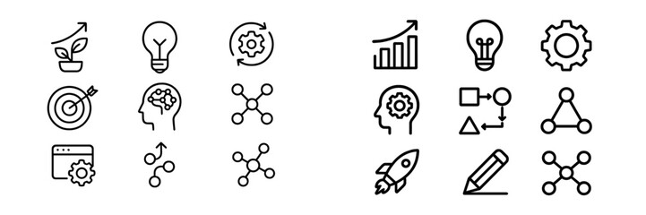 Modern outline symbols representing business strategy, development, innovation, and creative thinking