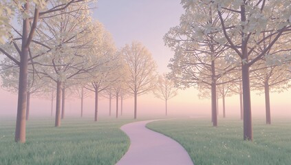 Fototapeta premium Serene path through trees in misty landscape at dawn or dusk