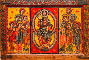 front of the apostles, front of the altar of the cathedral of Urgell, temple and remains of colored metal leaves on wood, church of the bishopric of Urgell, MNAC, Barcelona, ​​Catalonia, Spain