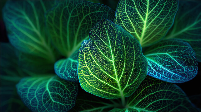 A close-up of vibrant green leaves with intricate veins, showcasing nature's exquisite details