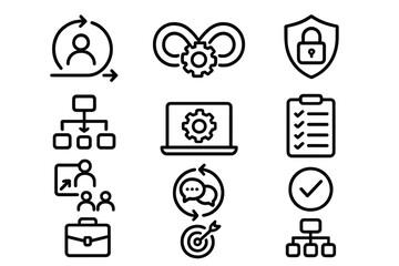 Outline symbols set for business management, security, development, and technology concepts