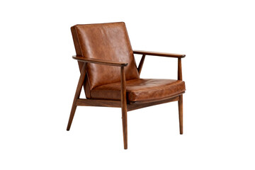 Modern brown leather armchair with wooden frame for comfortable seating
