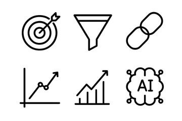 Essential business and marketing symbols target funnel link and growth charts