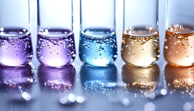 Colorful laboratory test tubes with sparkling liquid samples in purple, blue, amber, and orange, arranged in sequence for scientific research.