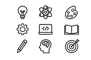 Nine outline icons for education, science, creativity, technology, and goal setting concepts
