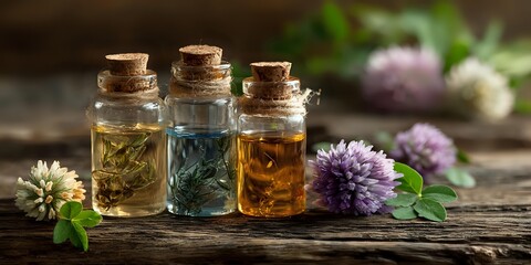 Three small glass bottles with cork stoppers containing herbal extracts or essential oils on rustic wooden surface with fresh purple clover flowers.
