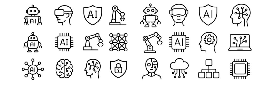 Artificial intelligence, machine learning, and robotics technology icons