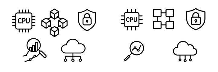 Modern technology line icons set featuring CPU, data analysis, cloud computing, blockchain, and security symbols